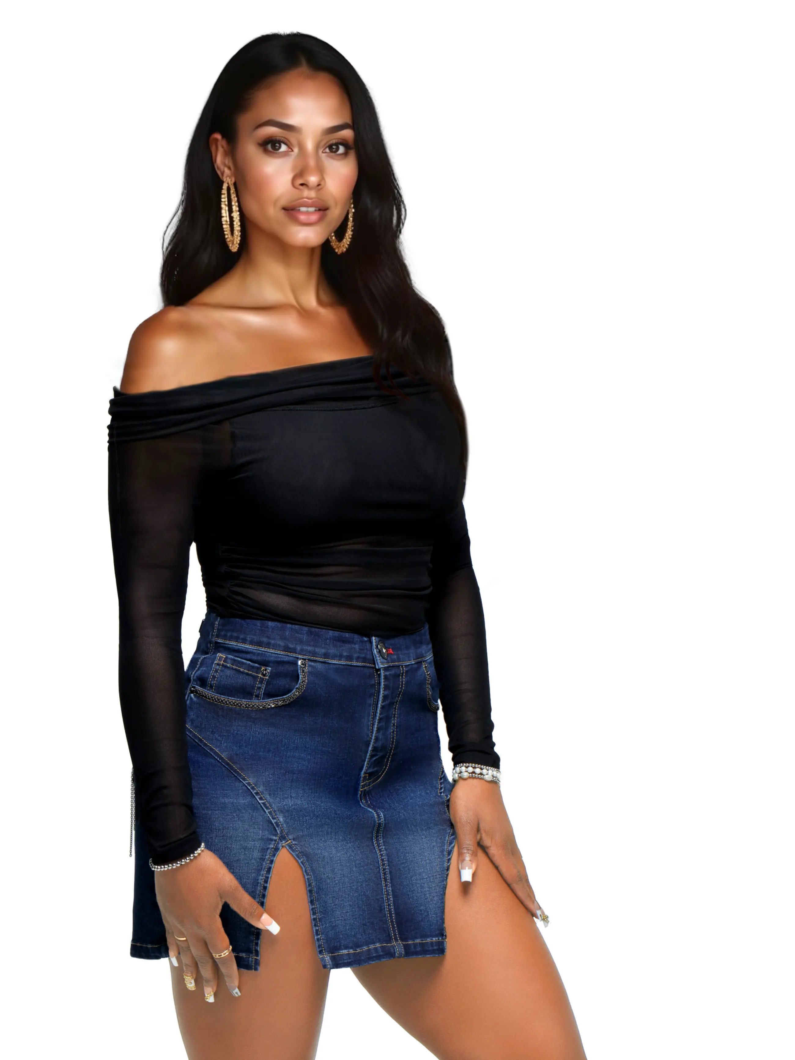 Off Shoulder Mesh Top - Black - Image 3