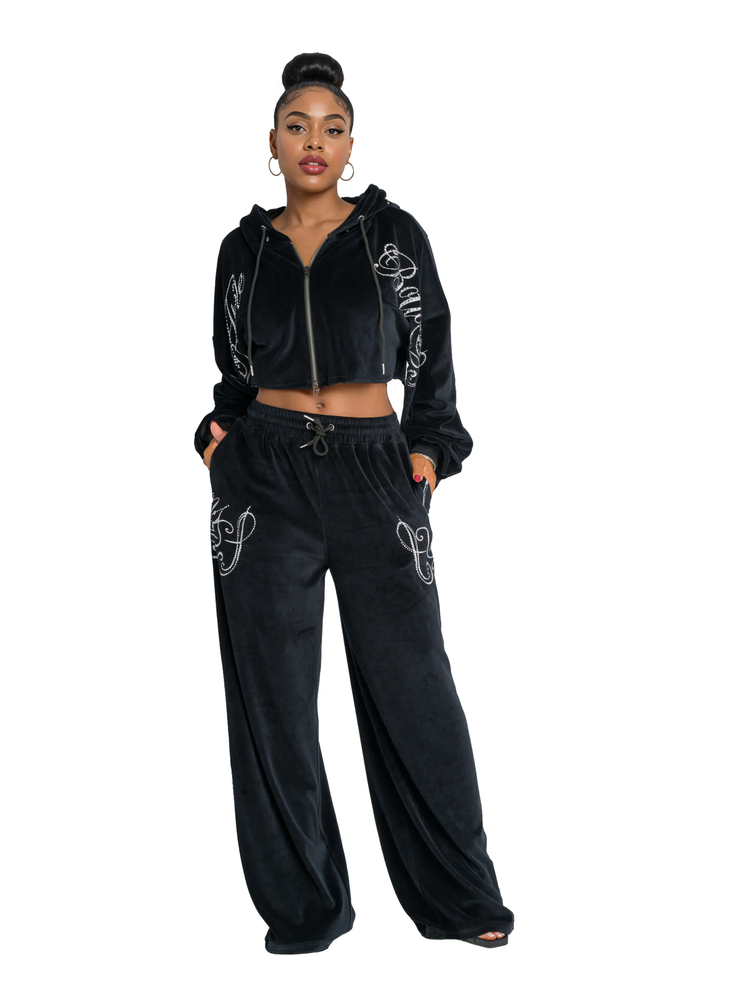 Velour Crop Track Jacket - Black - Image 4