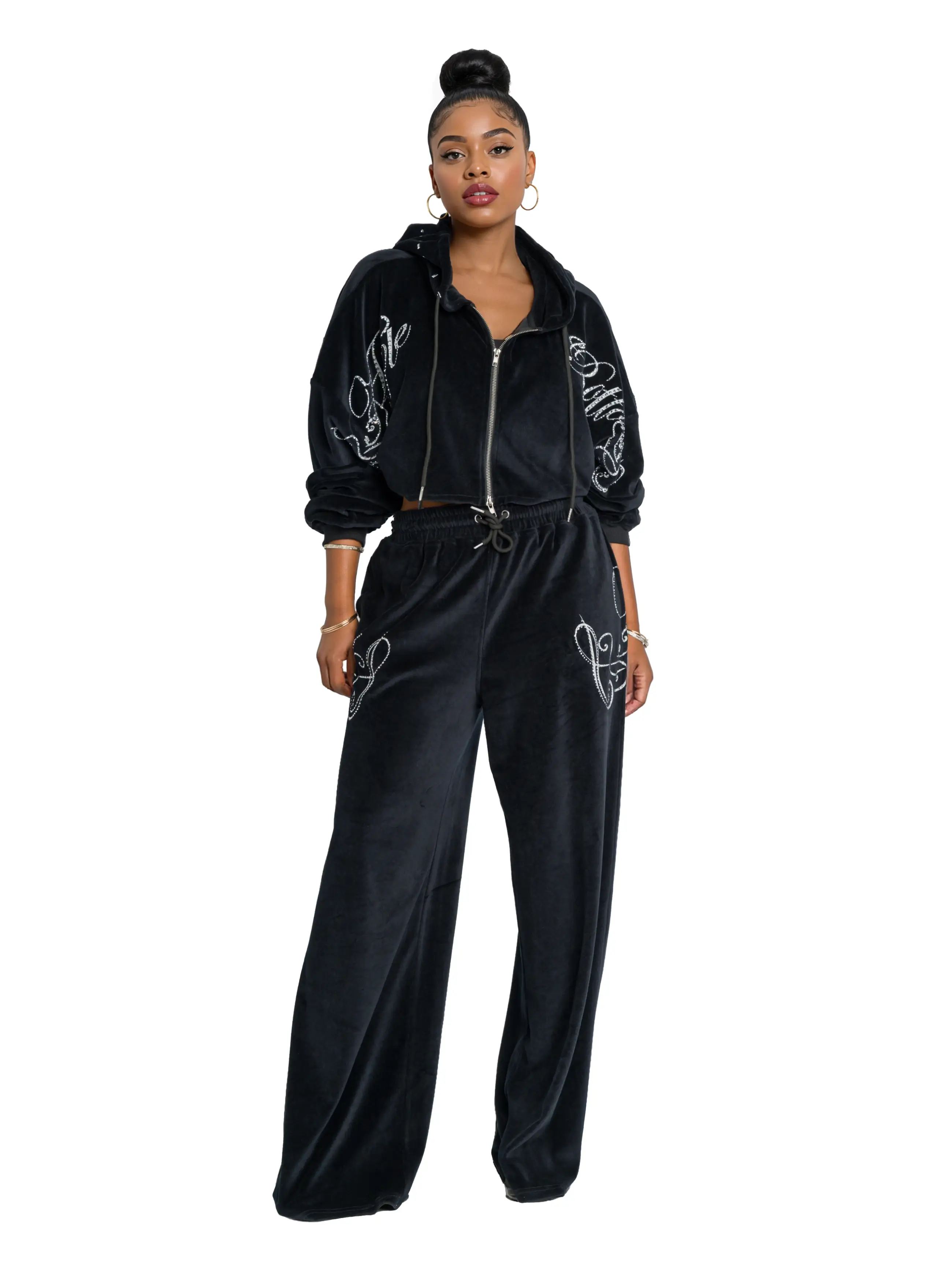 Velour Wide Leg Track Pants - Black - Image 5