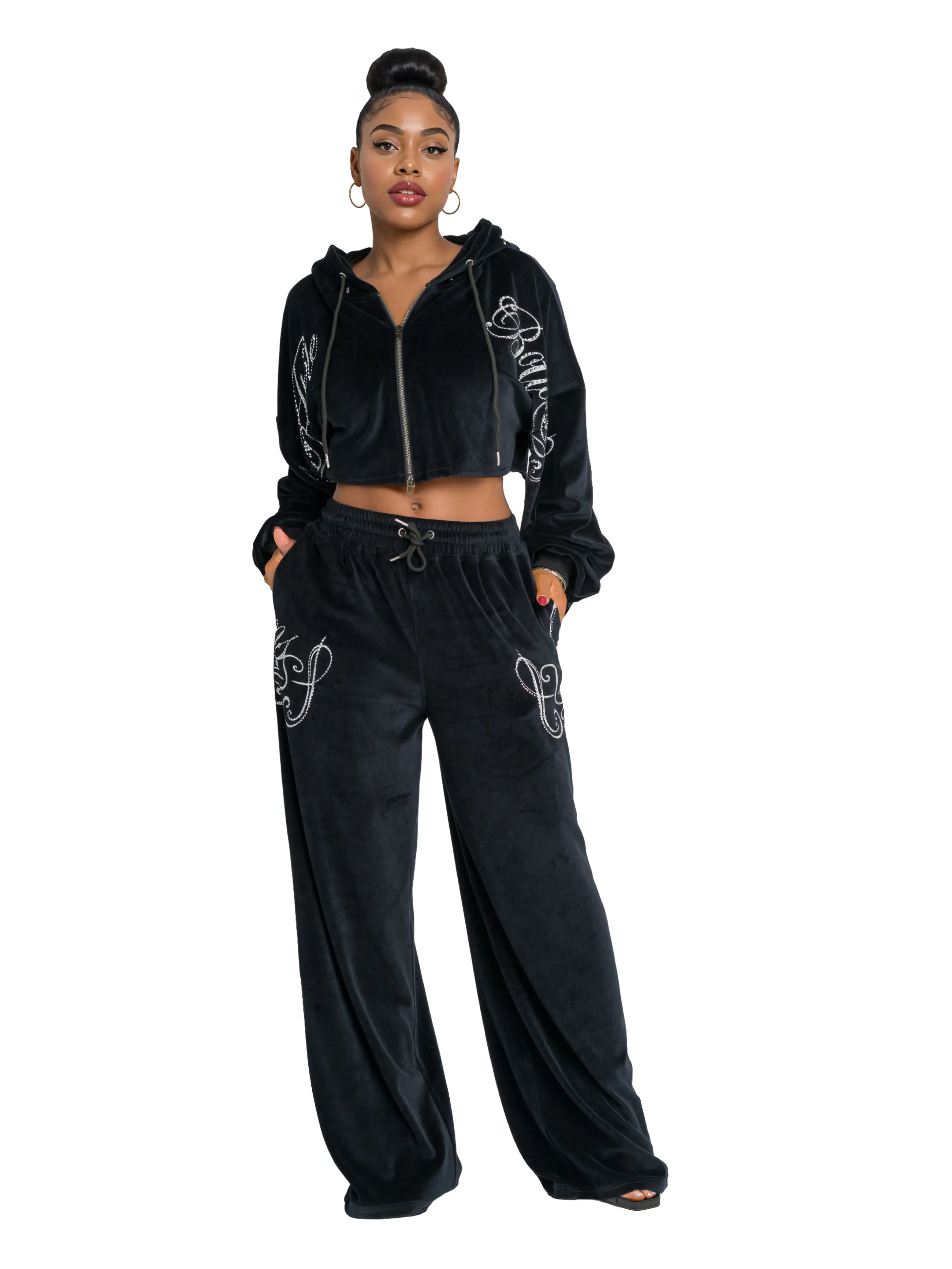 Velour Wide Leg Track Pants - Black - Image 4