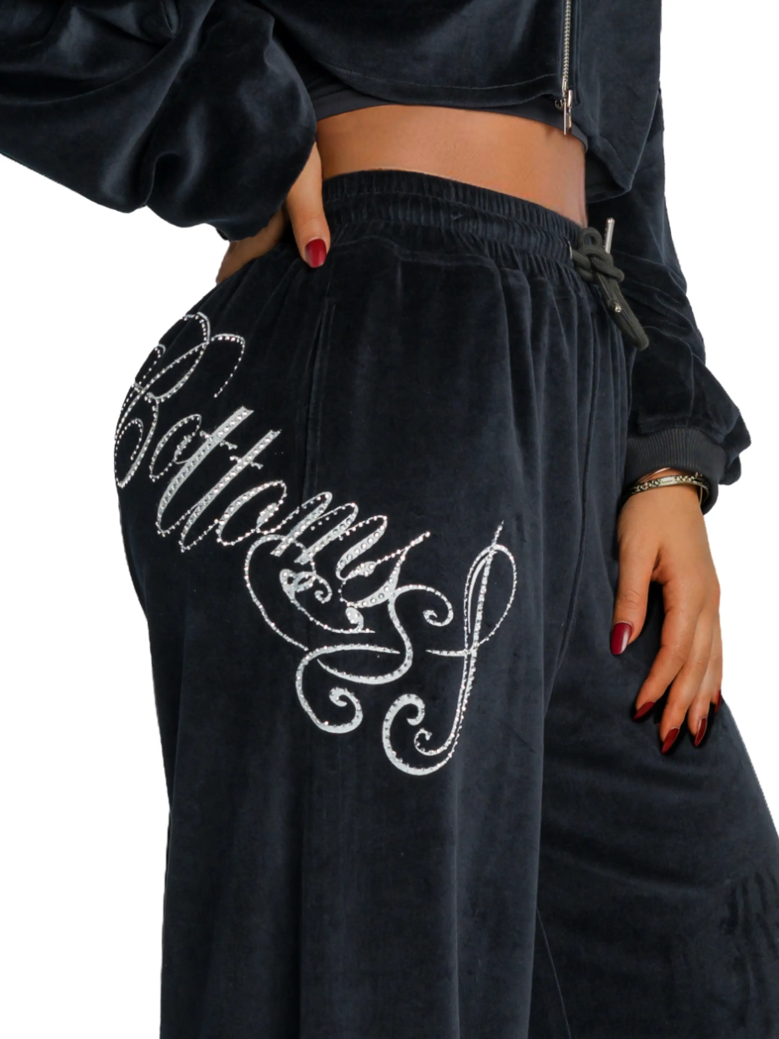 Velour Wide Leg Track Pants - Black - Image 3