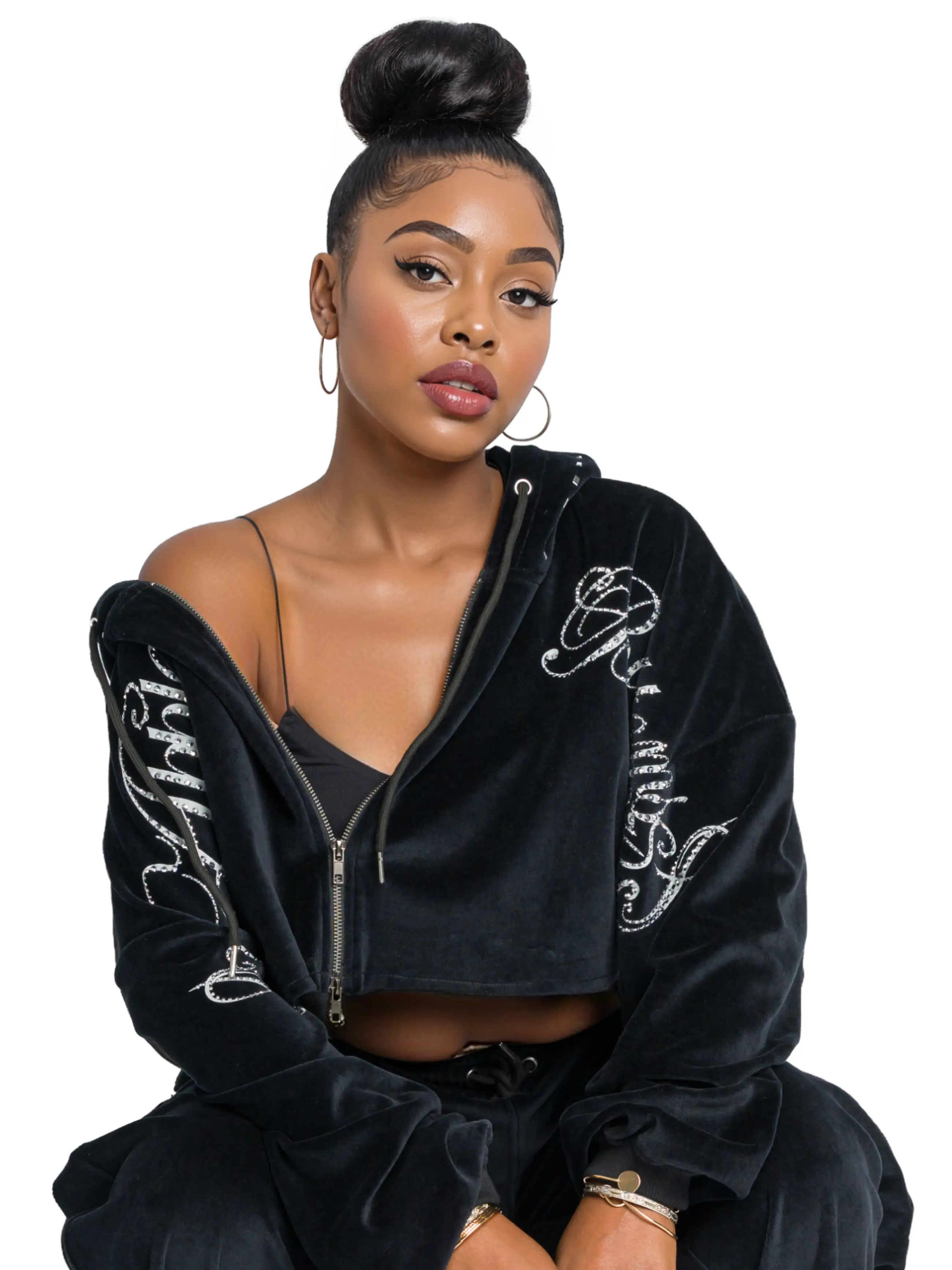 Velour Crop Track Jacket - Black - Image 3